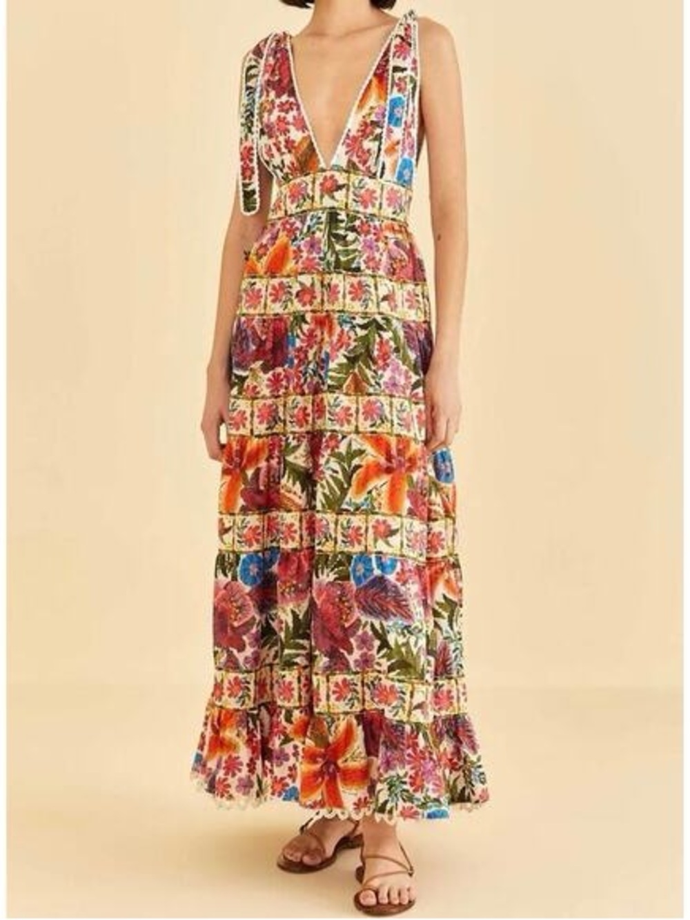 ISO FARM Rio Off-White Floral Tropical Yard Sleeveless Midi Maxi Dress (Medium)